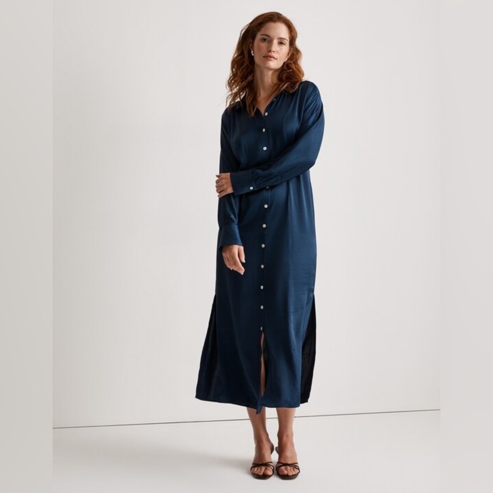 Madewell Navy Indigo Blue Satin Button-Front Midi Shirtdress Size 4